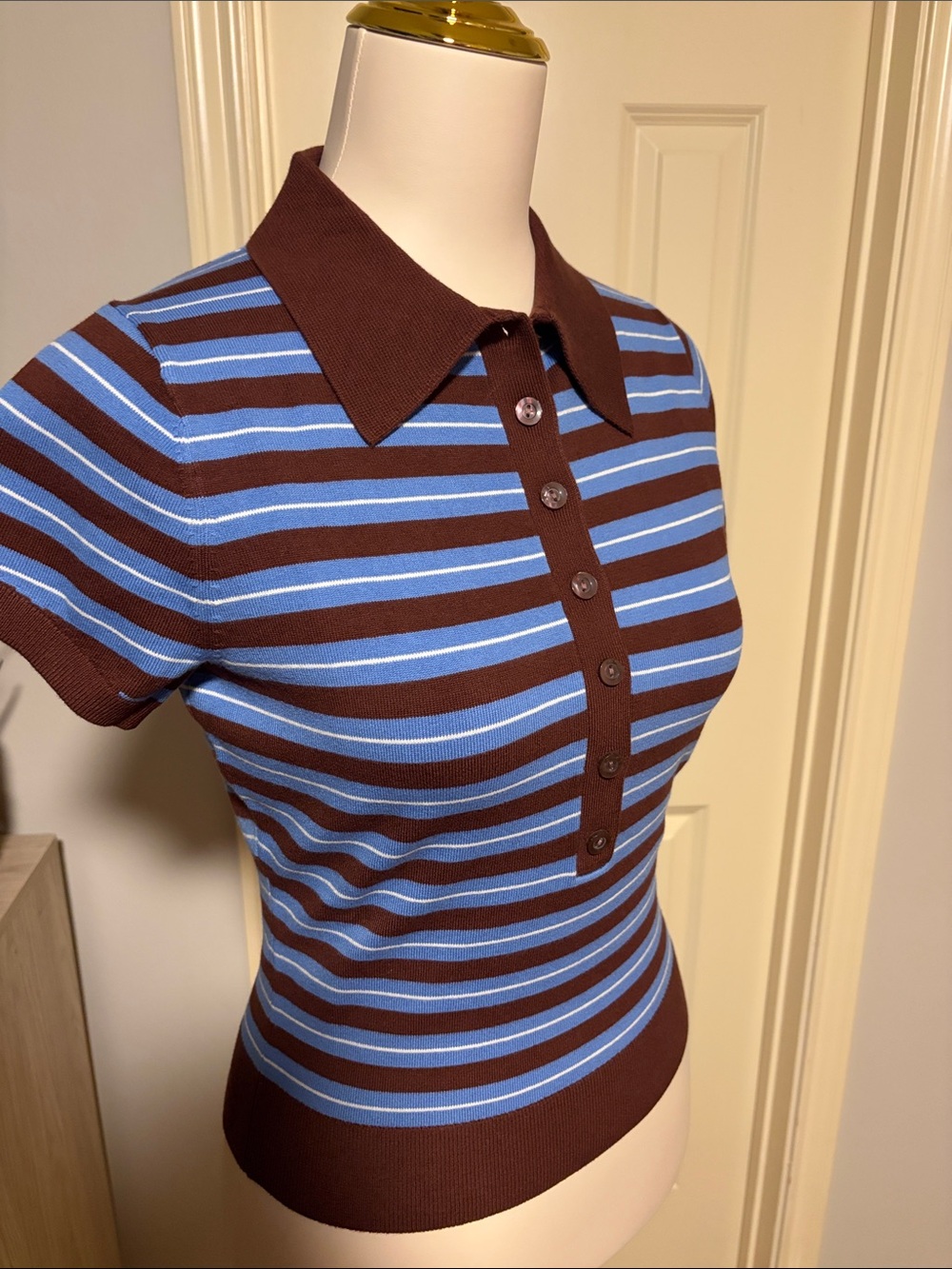 NWT Reformation 🤎💙 Bentley Crop Polo Sweater in Mahogany Multi Strip - Picture 11 of 14